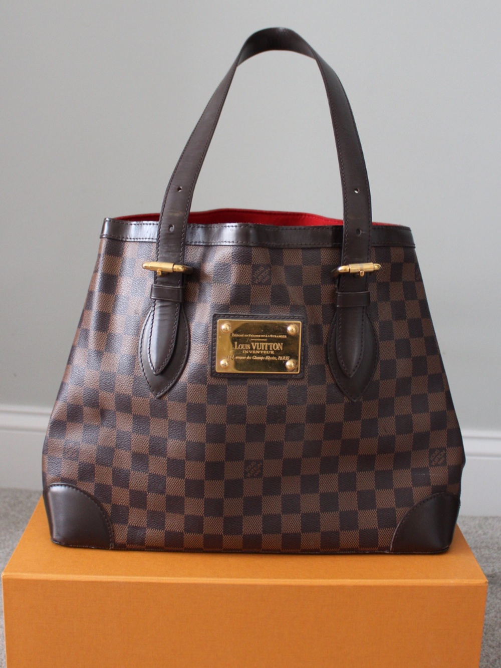 Louis Vuitton Brown Damier Check Tote with Gold Plaque